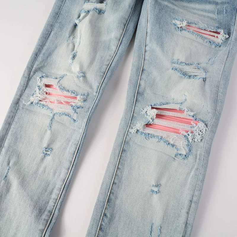 هاي ستريت أزياء الرجال الجينز الرجعية الضوء الأزرق الوردي مرقع تمتد نحيل صالح ممزق الجينز الرجال العلامة التجارية الهيب هوب Y2K الدنيم السراويل