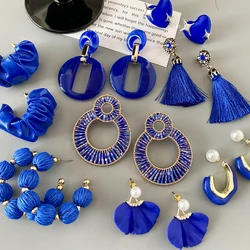 AENSOA Korean Navy Blue Round Tassel Hanging Earrings for Women Fashion Geometric Circle Pearl Drop Earrings Statement Jewelry
