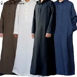 Homens com capuz moda muçulmana árabe saudita para homens manga longa thobe roupas islâmicas robe sólido kaftan topo islam hábito étnico wear