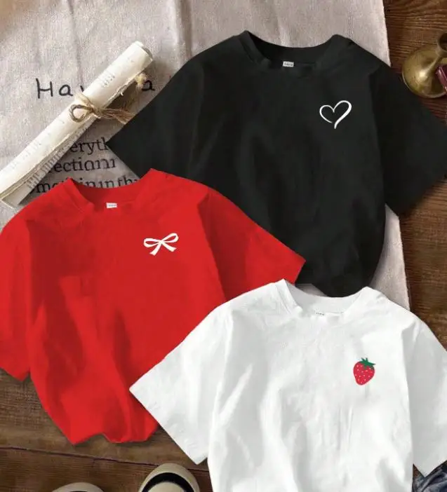 3 Pcs Multi Pack Women Summer Tops Sweet Bowknot Strawberry Graphic T-Shirt Slim Fit Round Neck Cropped Basic Tees