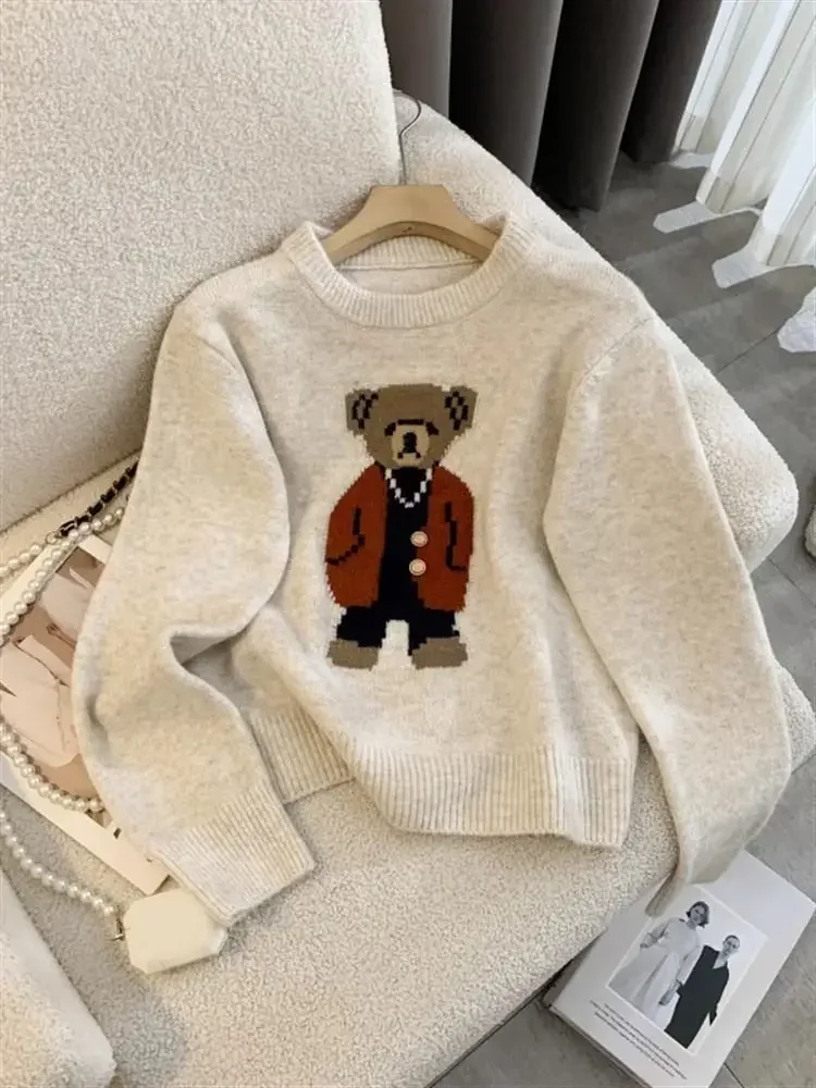 Kimotimo mignon ours Jacquard pull femmes col rond paresseux doux recadrée pull automne hiver mode à manches longues tricoté hauts