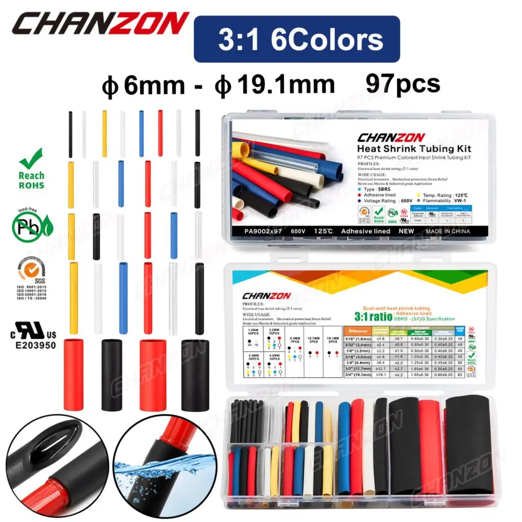 6 Multi Color 7 Size 3:1 Heat Shrink Tube Kit With Glue Dual Wall Adhensive Lined Wire Protector Shrinking Wrapping Hose 97Pcs