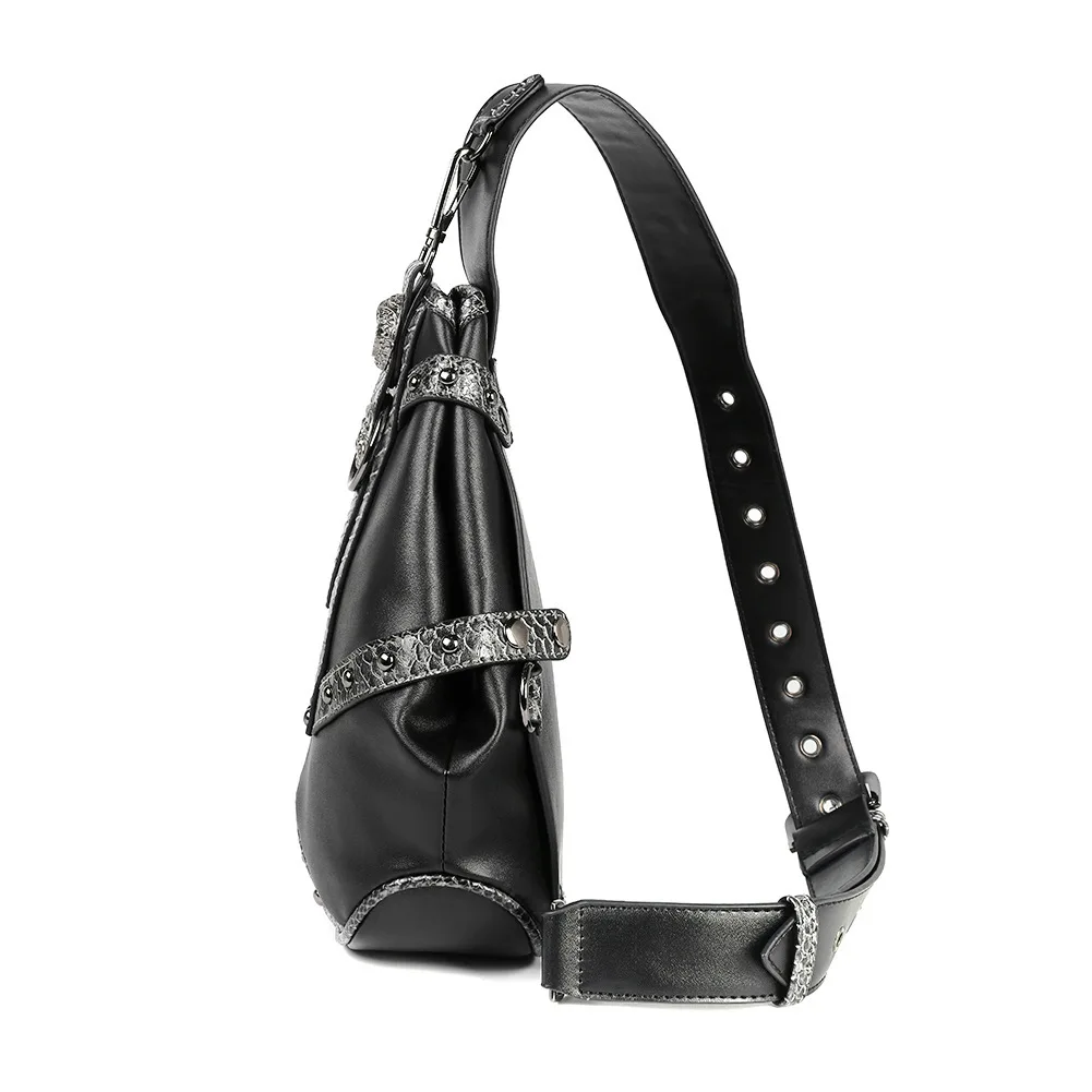 Steam Punk Rock Motorcycle Knight Chest Bag Unisex Metal Rivet Snake Skin Splicing Crossbody Bag Leisure Horizontal Square Shape