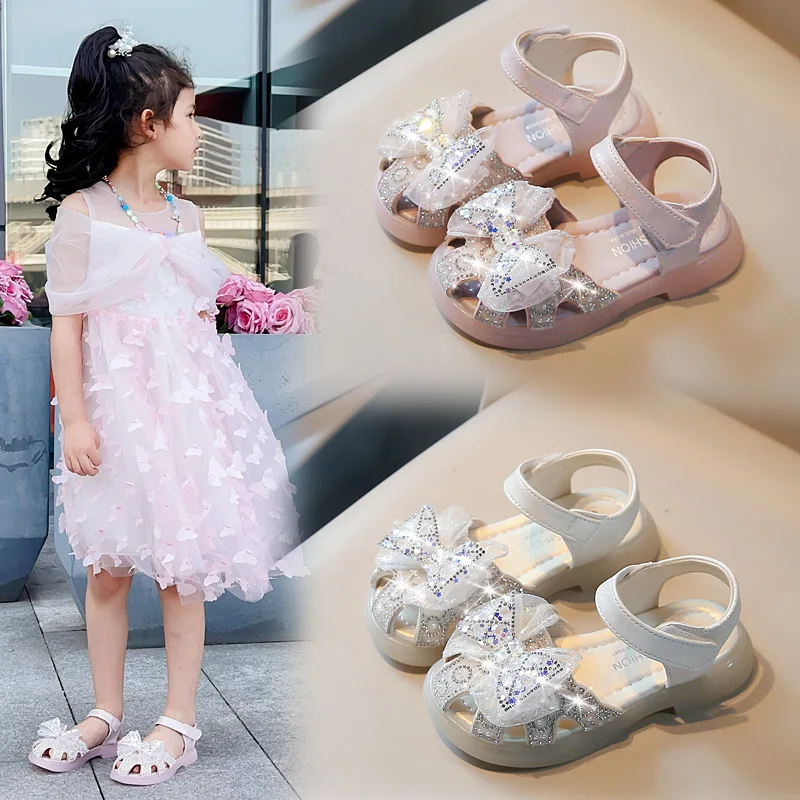 Girls Sandals Summer New Pink Bow Flash Diamond Girls Single Shoes 2-12 Years Old Beige Fashion Non-slip Kids Baby Shoes Sandals