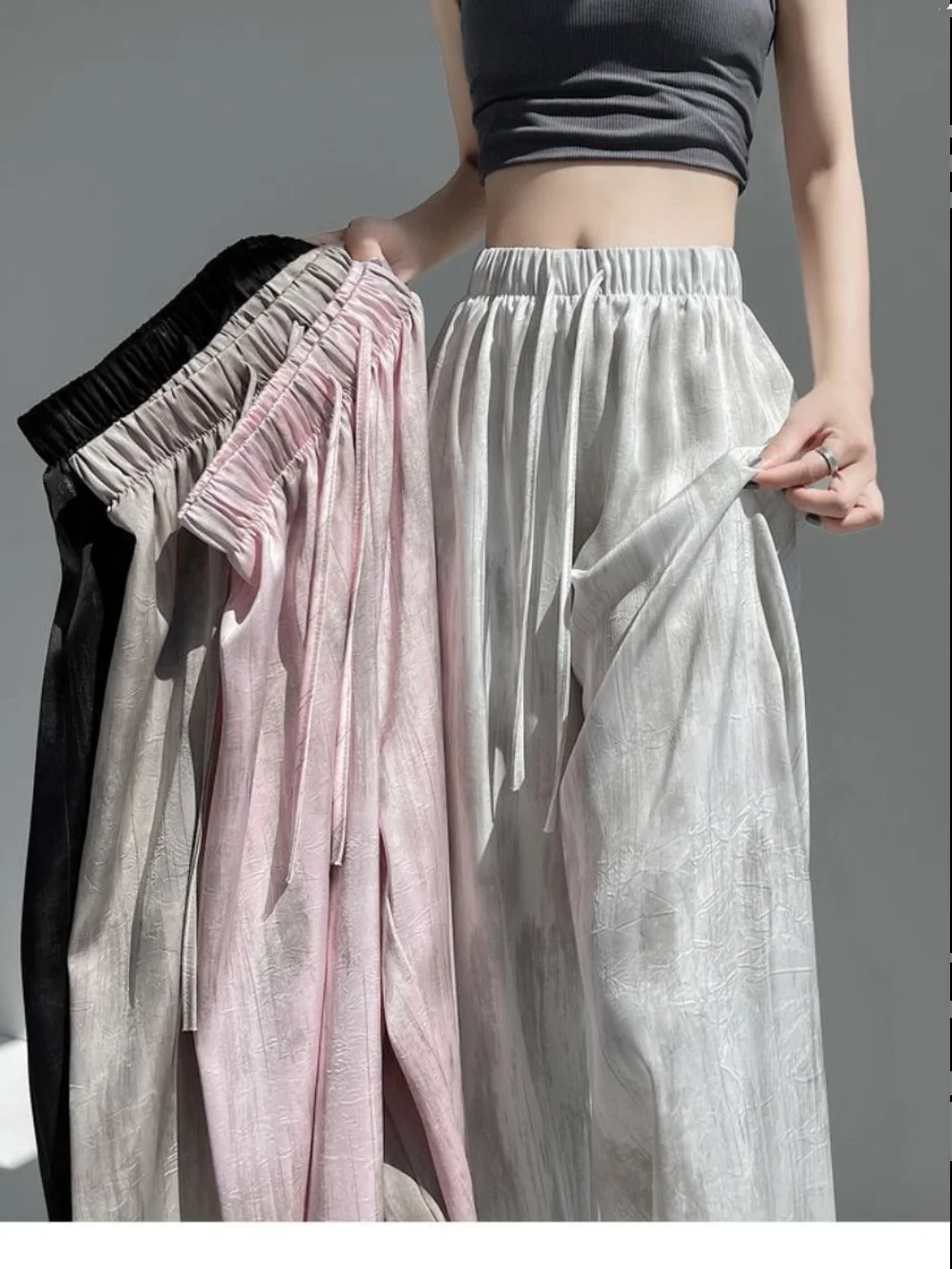 

Ice Silk Dyed Wide Leg Pants Women's Summer Fashion Thin High Waist Drape Straight Casual Pants Comfortable Loose Fit Trousers