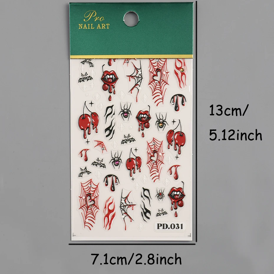 2 pcs 5D Embossed Horror Mouth Lips Red Spiders Nail Stickers Halloween Y2K Spider Web Bleeding Blood Flame Nail Decals view 4