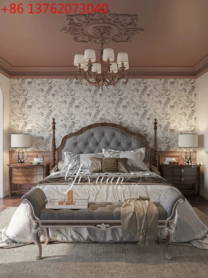 

Французская ретро-кровать из цельного дерева, резная старая двуспальная кровать