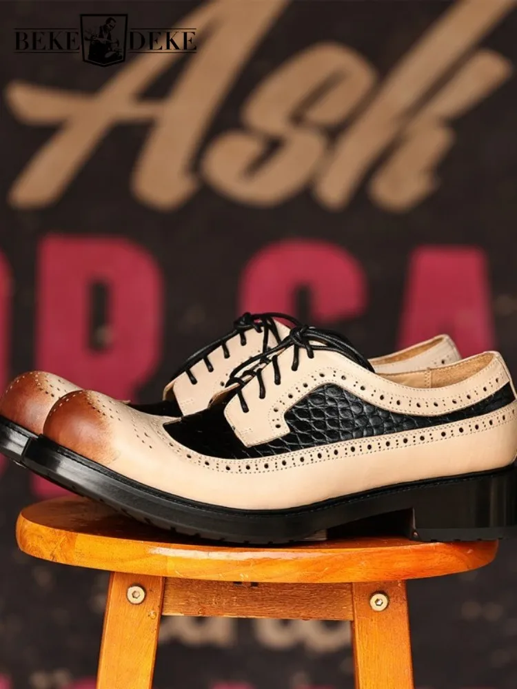 Youth Fashion Genuine Leather Platform Lace-Up Breathable Male Dress Shoes Mix Color Round Toe Hard Wearing Cowhide Footwear