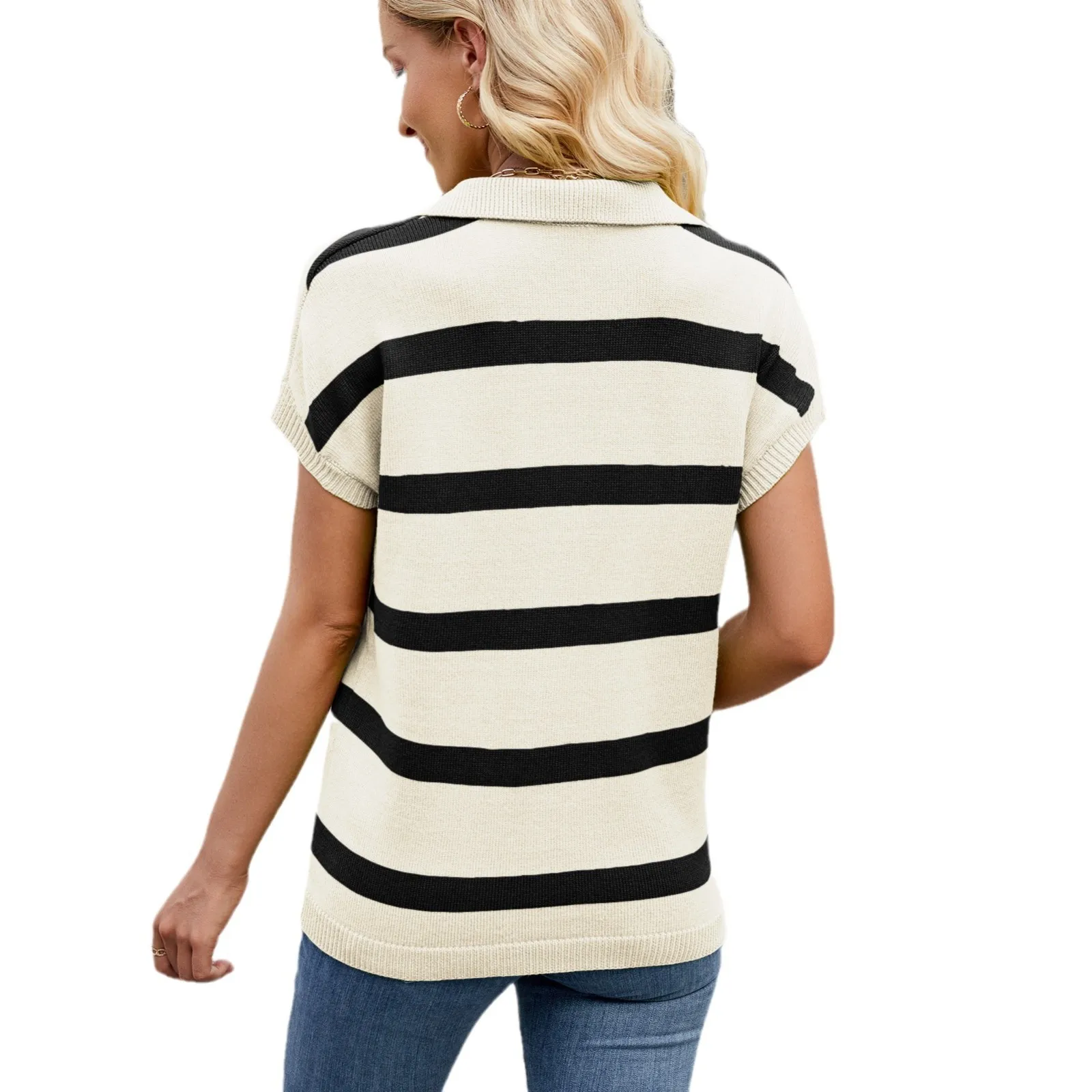 Women Streetwear Regular Fit Lapel Collar Color Block Sleeveless Sweater Pullover Hip Length Summer Women's T-shirts Top