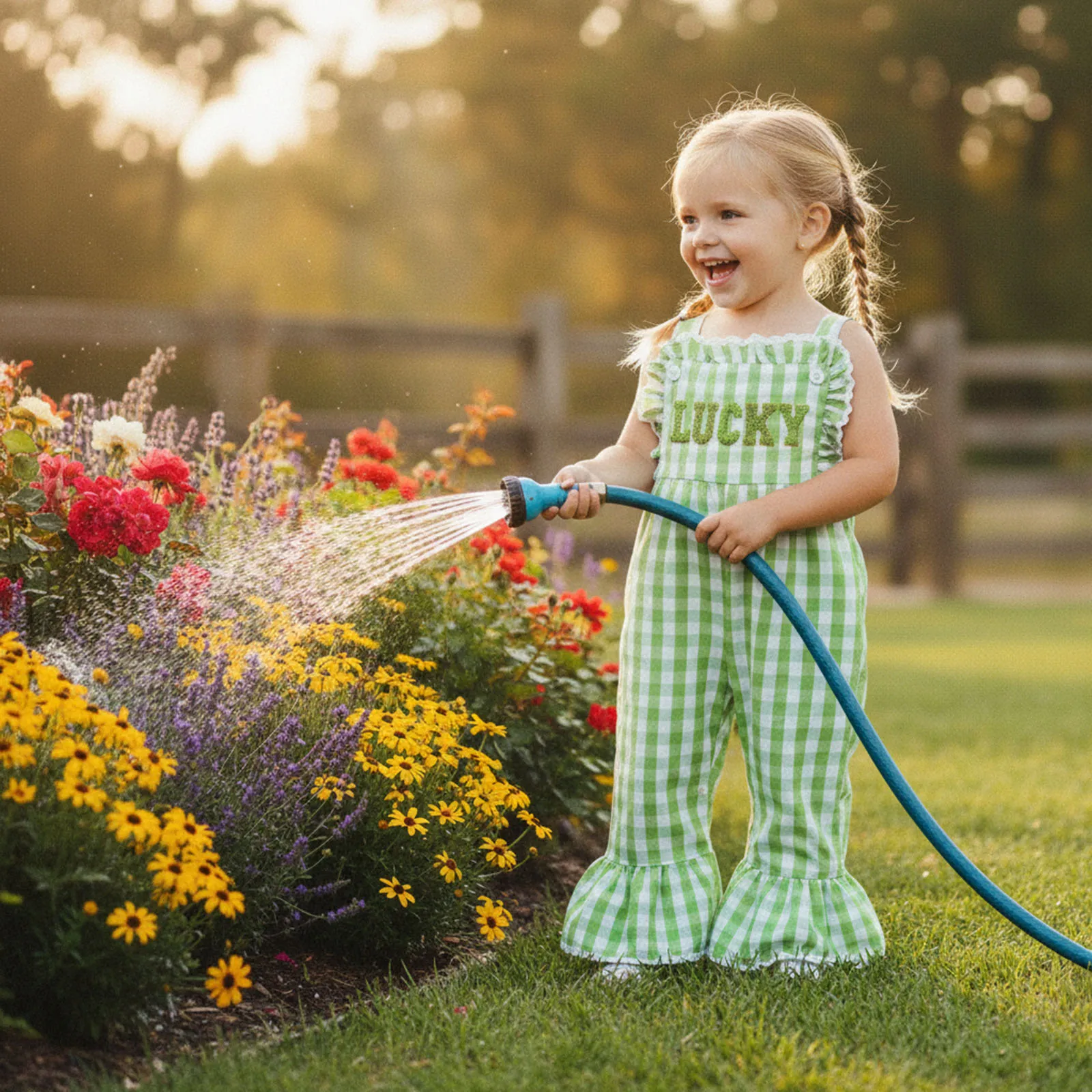 Kids Girls Spring Overalls, Green Plaid Fuzzy Letter Pattern Square Collar Suspender Flare Pants Clothes for St. Patrick's Day