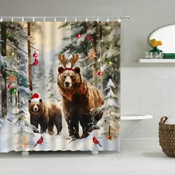 Christmas Animal Shower Curtain Winter Holiday Farm Moose Bear Red Bird Berry Horse Christmas Ball Barn Snowflake Bathroom Decor