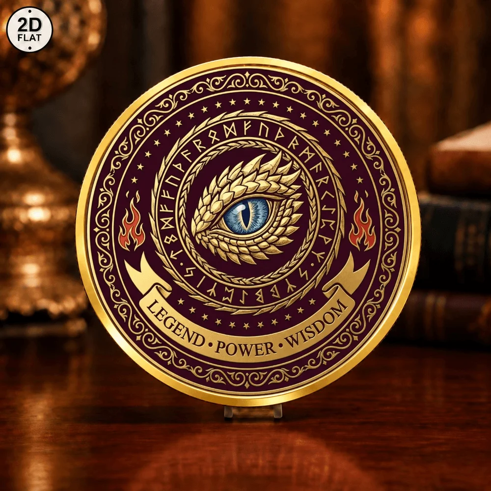 1pc Mythical Fire Dragon Commemorative Coin Color Print Dragon Eye & Viking Rune Challenge Coin Fantasy Keepsake Holiday Gifts