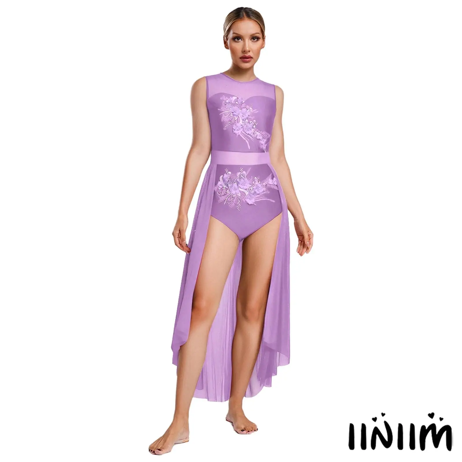 

Women's Lyrical Dance Floral Flowing Dress 3D Flower Cutout Back Design Sleeveless for Contemporary Dancing Performances