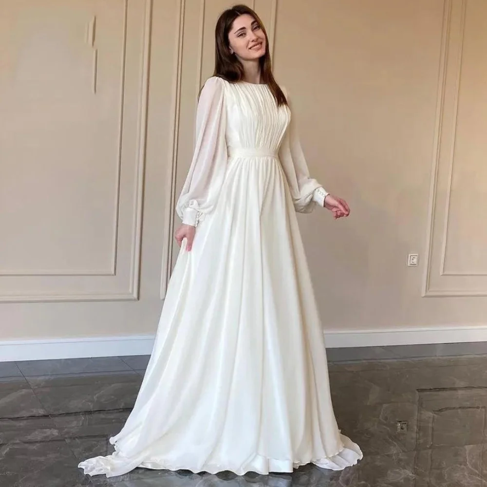 Muslim Ivory A-line Wedding Dresses Satin Draped 2023 New Design Pleat Full Brideing Gown Floor Length O-Neck robe de mariée