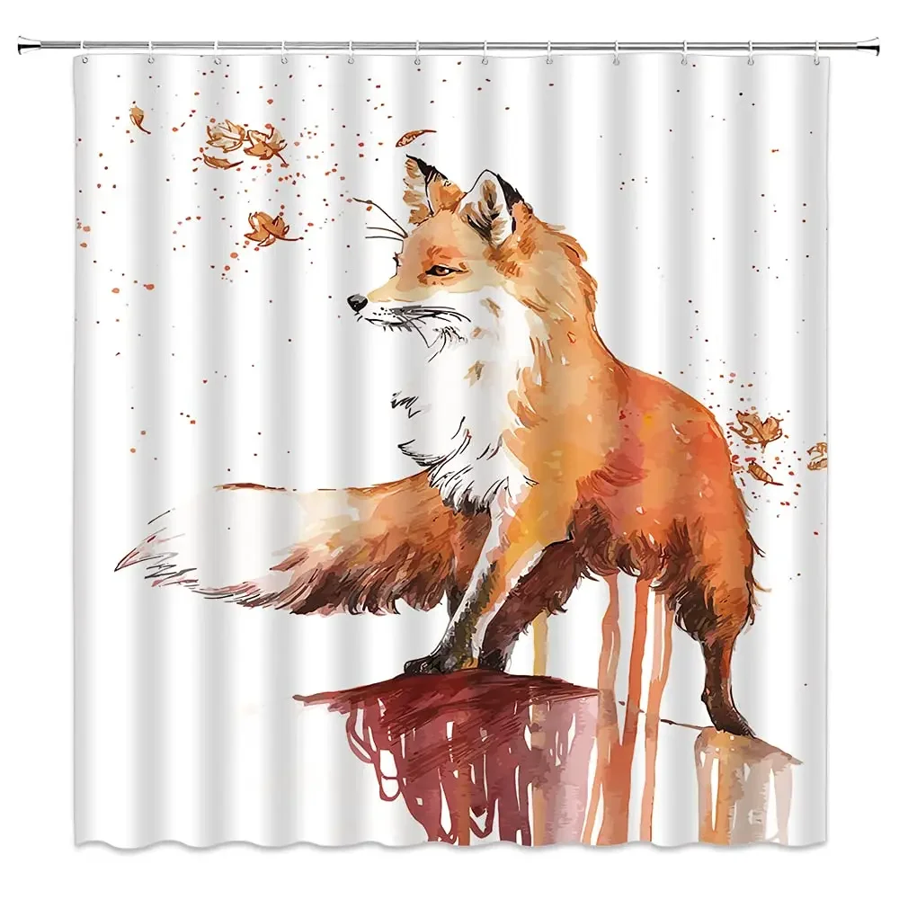 Painting Animal Lover Fox In The Forest Shower Curtain,Rustic Lodge Forest Hunting Bathroom Decor Wild Animals Bathroom Curtains