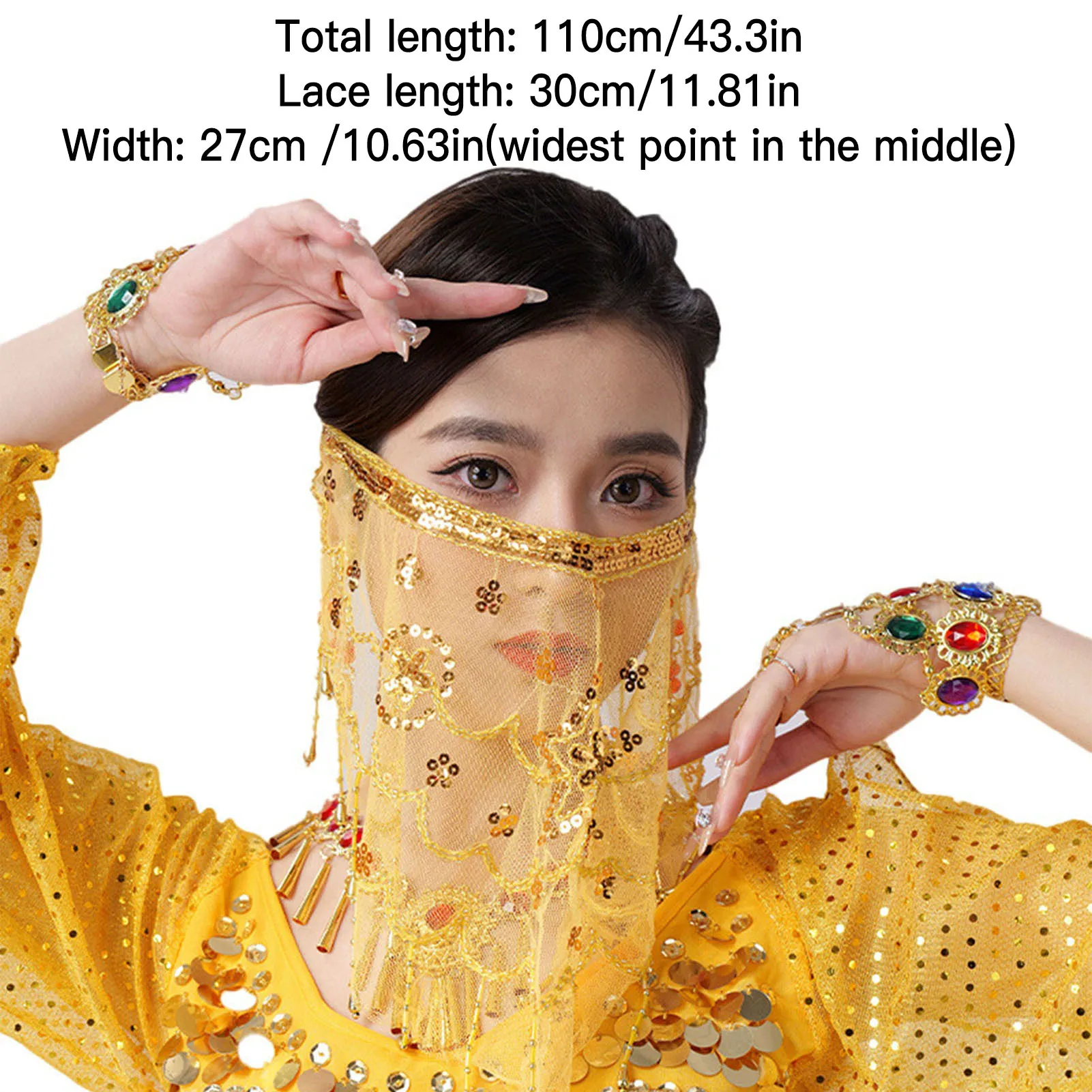 Face Veils Belly Dance Costumes Mesh Face Veil with Beaded Tassels Sparkling Sequins for Women and Teen Girls EIG88