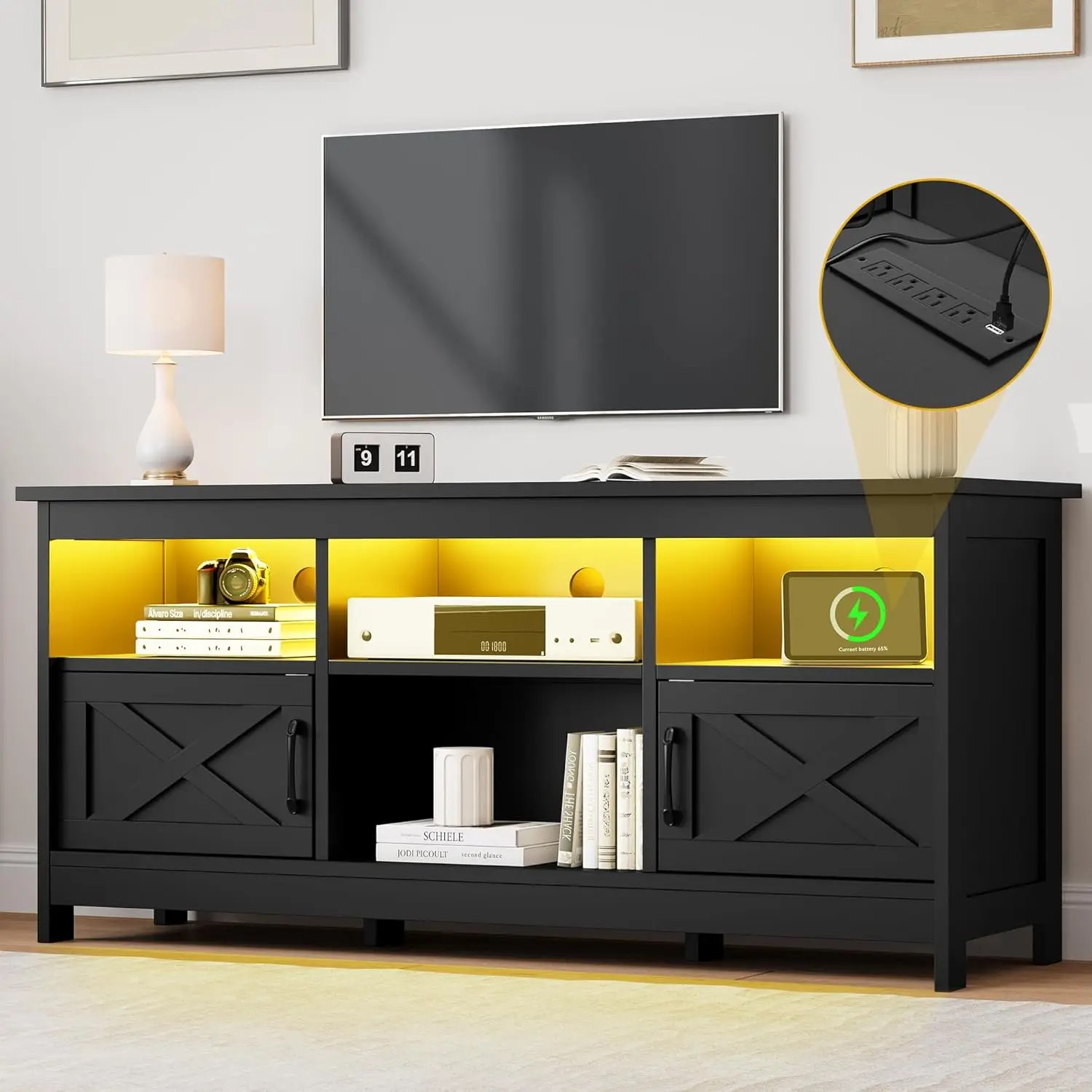 TV Stand for TVs Up to 65 Inch, Entertainment Centre with LED Light, TV Table with Power Outlet