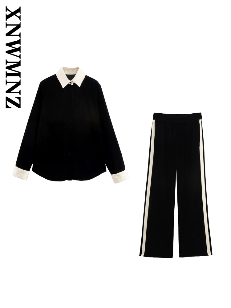 

XNWMNZ 2024 Autumn New Lady Party Sleeveless Velvet Coat Trendy Woman Solid Color O-Collar Top Ruffles Pockets Shirt Long Pants