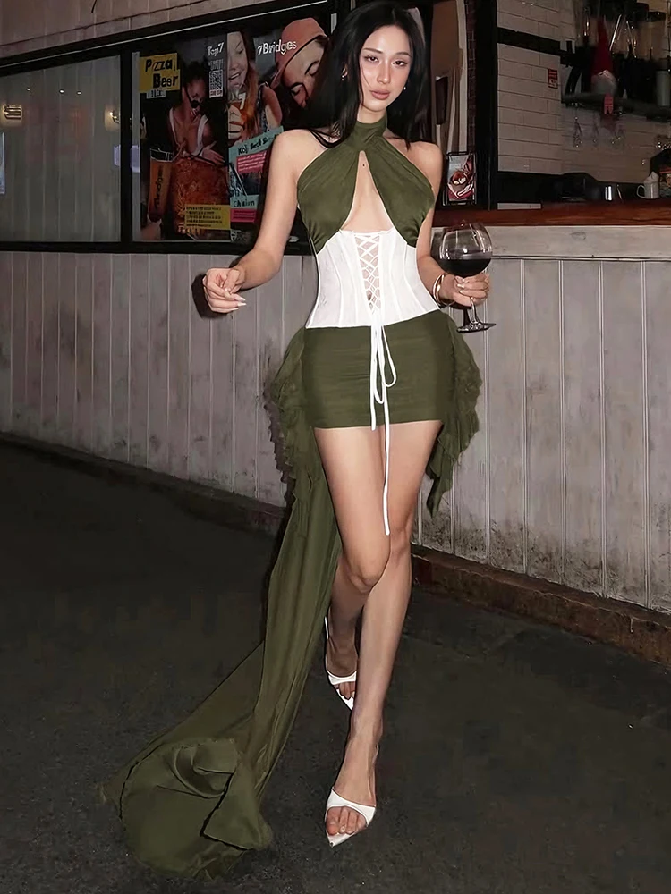 Sisterlinda Bandage Ruffles Dress Women Tassel Hollow Patchwork Mesh Folds Color Blocking Backless Halter Button Chic Vestidos