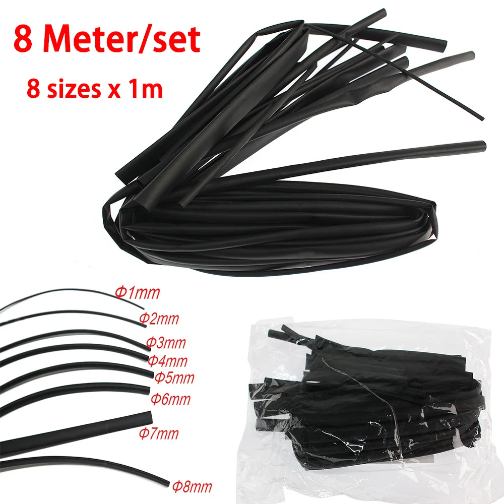 8M/Set Schwarzes Schrumpfschlauch-Set 2:1 1/2/3/4/5/6/7/8mm Isolierende Kabelummantelung für Kabel, Drahtverbinder, DIY-Projekte