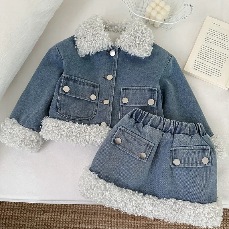 2025 Winter Girls Denim Set with Fleece Lining Skirt & Jacket 2-Piece Outfit Warm Thickened Korean Style Causal Toddler Wear