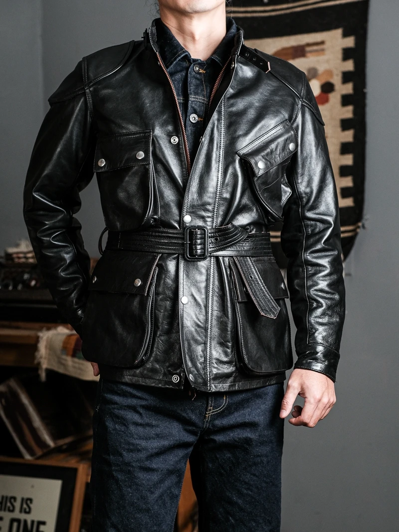 

Ретро-куртка для мотоциклистов International936 Tea Heart из натуральной кожи, с четырьмя карманами, теплая, с длинными рукавами