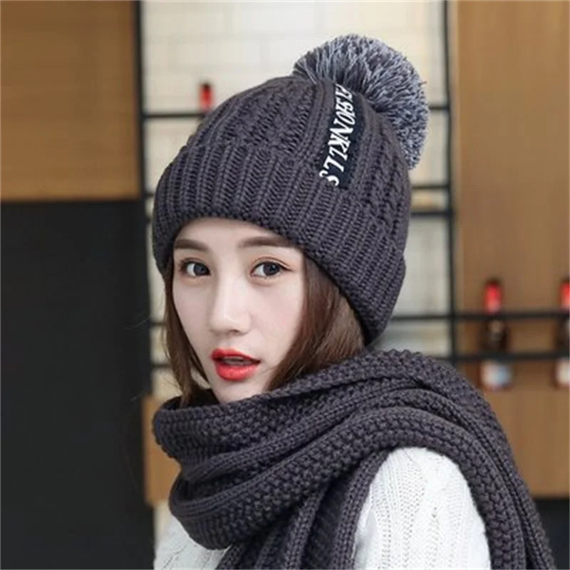 Winter Knitted Scarf Hat Set Thick Warm Skullies Beanies Hats for Women Outdoor Cycling Riding Ski Bonnet Caps Scarf