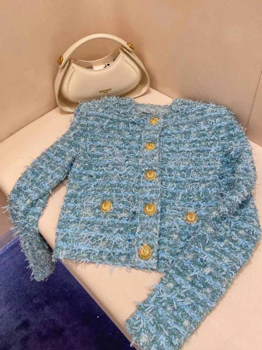 

Fall Winter ort Coat Luxury Metal Bule Thiened Knitted round Ne Slimming Agel Top for Women Ele Lady Sle