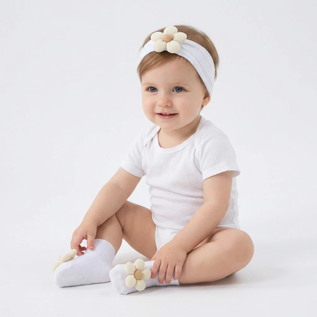 New Baby Headband Set, Solid Color with Small Flower, Children's Headband and Socks Set, 2-Piece Baby Set