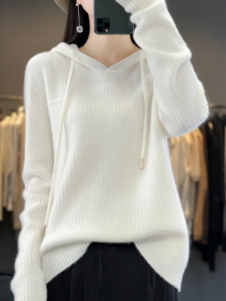 Women Sweater Casual Hoodie Pullover 100% Merino Wool Knitwear Long Sleeve Cashmere Autumn Winter Korean Style Female Clothing