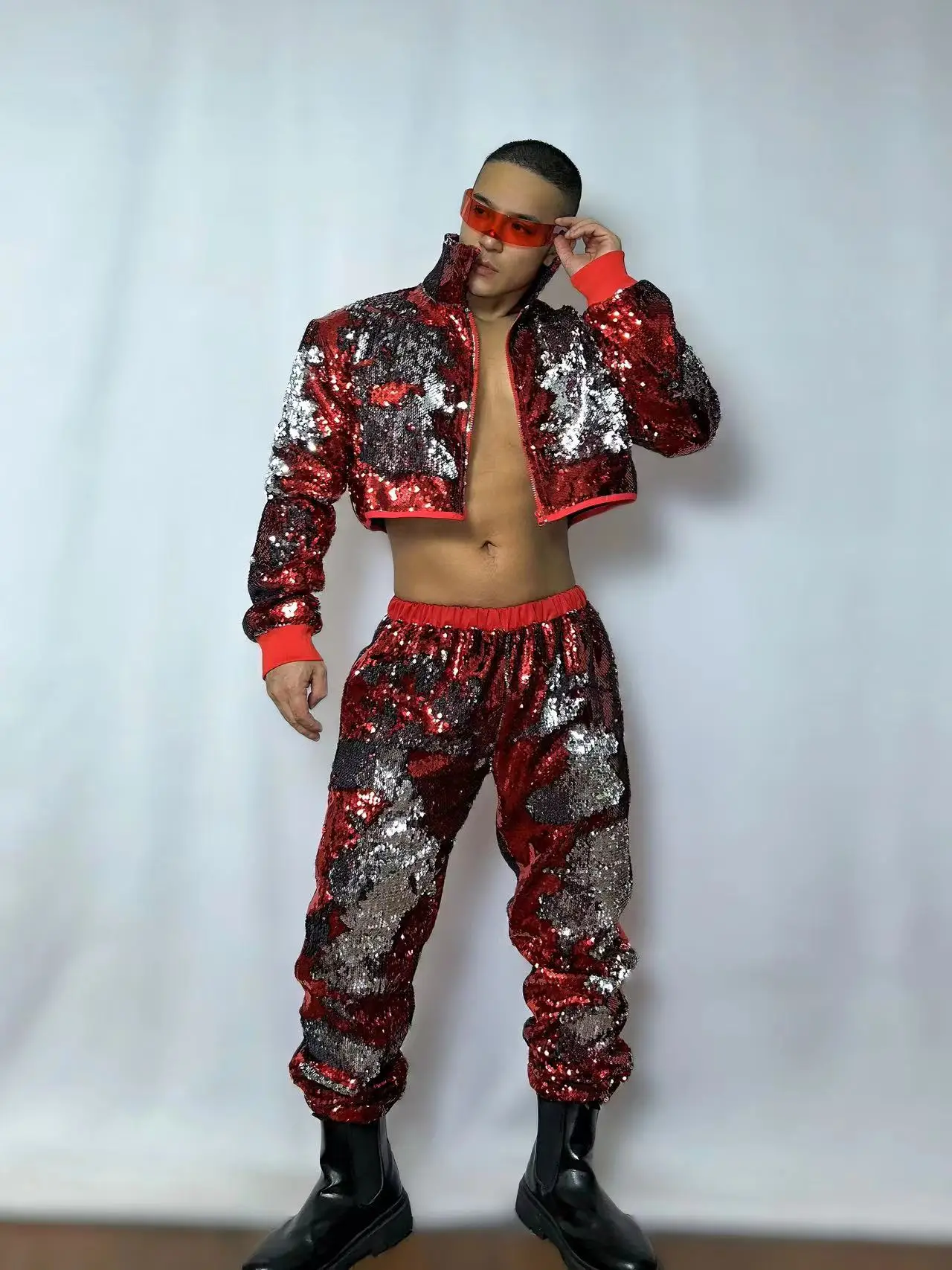 Vermelho prata lançando lantejoulas jaqueta curta calças hip hop jazz dança traje masculino cantor dançarino equipe bar boate palco outfit