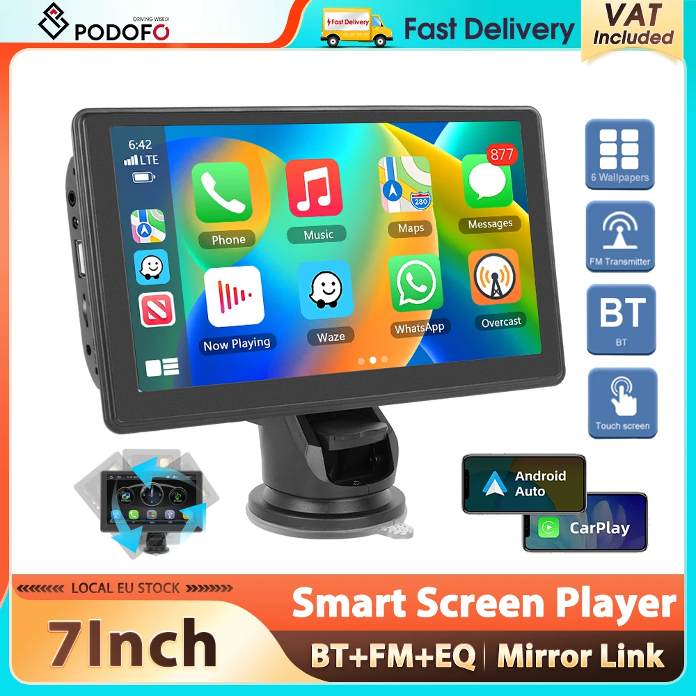 Podofo 7'' Smart Screen Player Carplay Android Auto Aiplay Android Cast EQ Auto-Monitor AUX Audio FM-Übertragung BT Auto-Player
