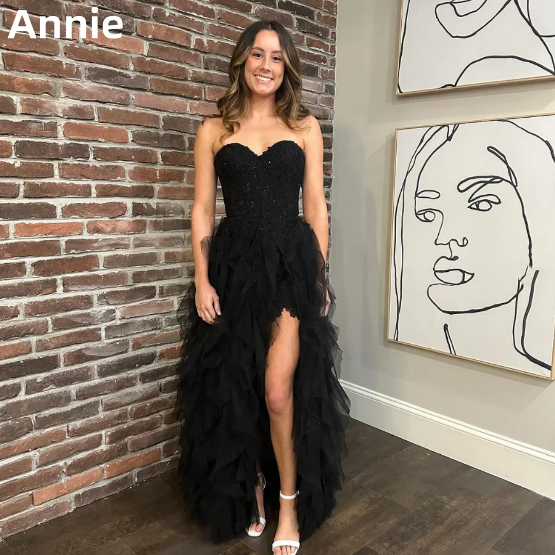 

Annie Sexy Strapless Side Slit Prom Dresses Black Tulle Embroidery Evening Dresses Wedding Party Dresses 2024Vestidos De Noche