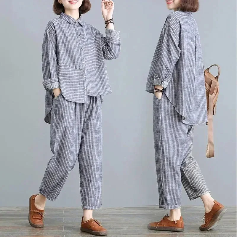 

Retro Ladies Fashion Cotton Linen Two Piece Set 2025 Female Loose Stripe Tops Trousers Spring Autumn Women Long Sleeves Outfit