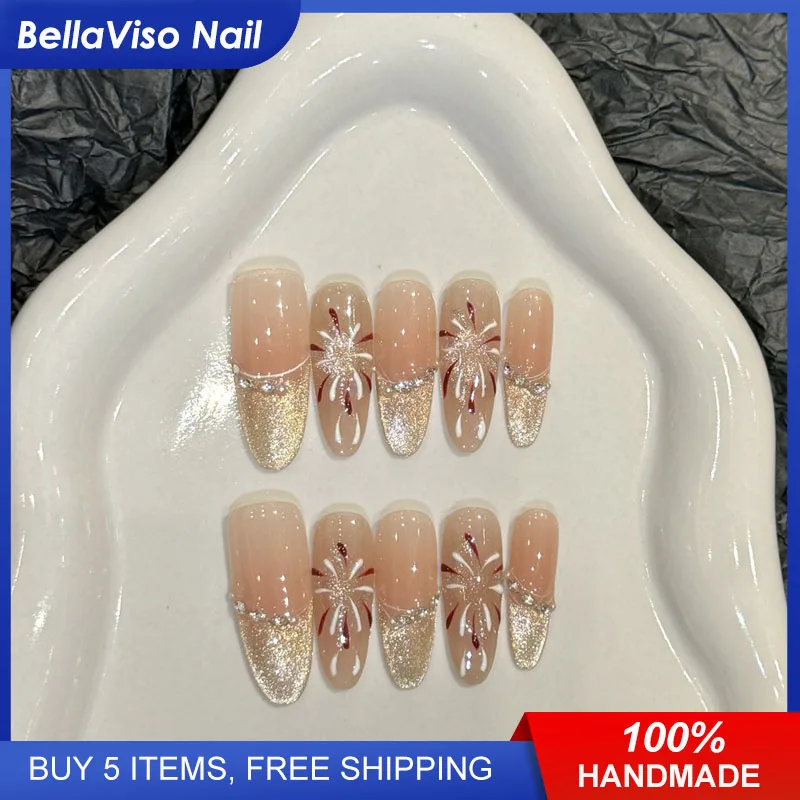 Midnight Fireworks | Elegant Long Oval Press On Nails Cat Eyes Fake Nails 10pcs Handmade French Crystal Reusable Nail Art Tips