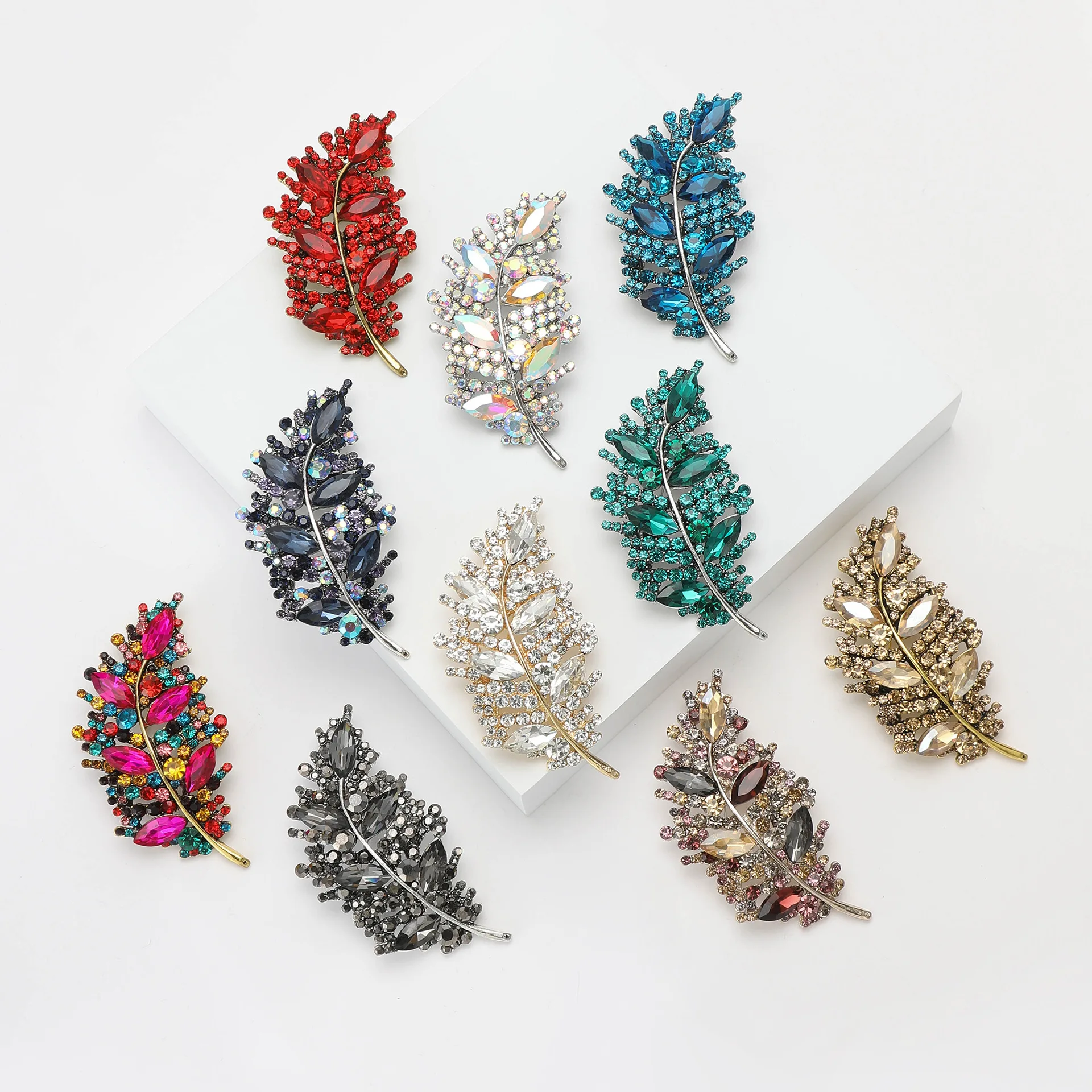 Exquisite Crystal Leaf Brooch Rhinestone Pin with Sleek Metal Stem Elegant Accessory for Dresses Coats Formal Women Jewelry