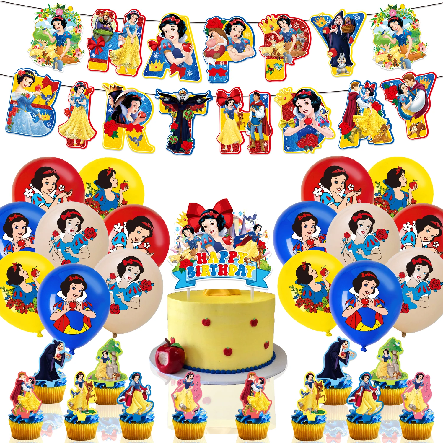 1 ensemble de bannières de ballons blanche-neige, décoration de gâteau, princesse blanche-neige, fournitures de fête d'anniversaire pour filles, réception-cadeau pour bébé