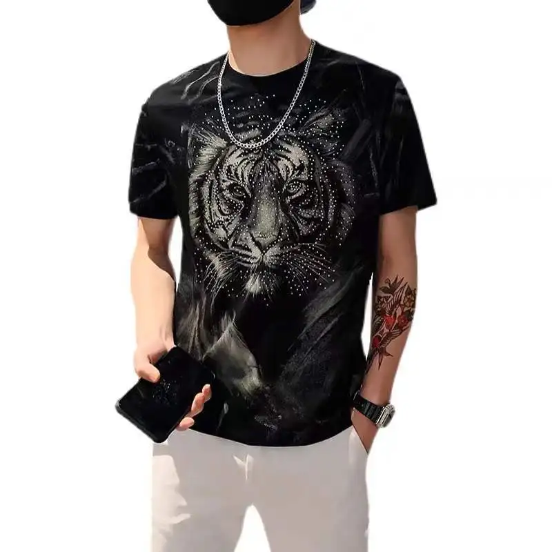 

Clothes for men Summer Short-sleeved T-shirt Fashion Brand Handsome Hot Drilling Tiger Head Printed Tops