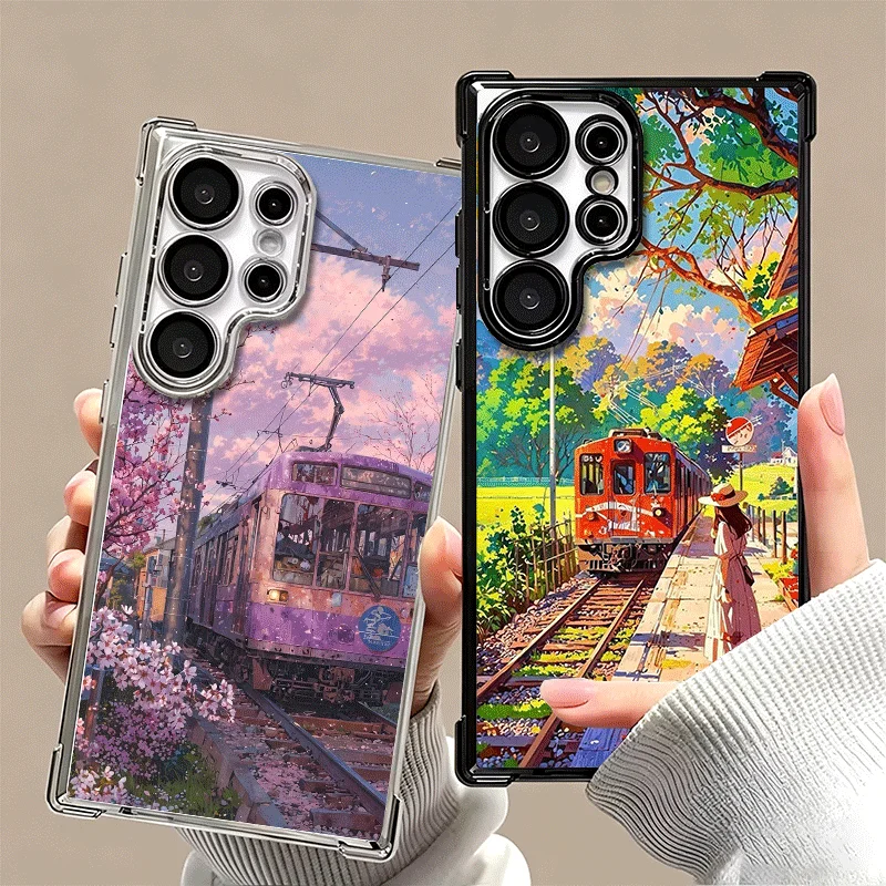 Retro Japanese Sakura Train Soft Phone Case For Samsung Galaxy S26 Ultra S25 Edge S24 FE S23 Plus S22 S21 + S20 Plating Anti-Fal