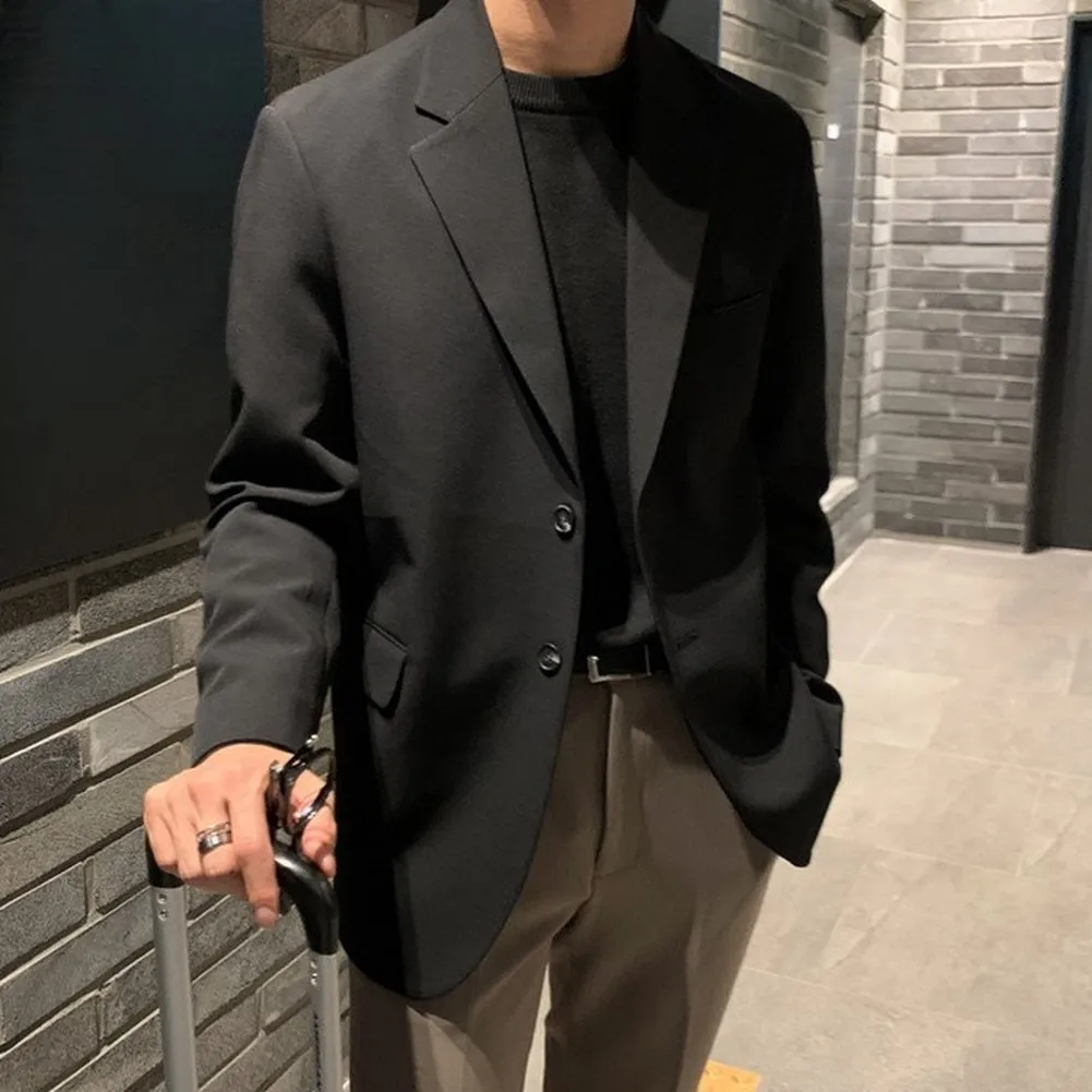 Men's Solid Color Suit Jacket with Long Sleeves Lapel and Korean Styled Loose Office Commute or Weekend Outings