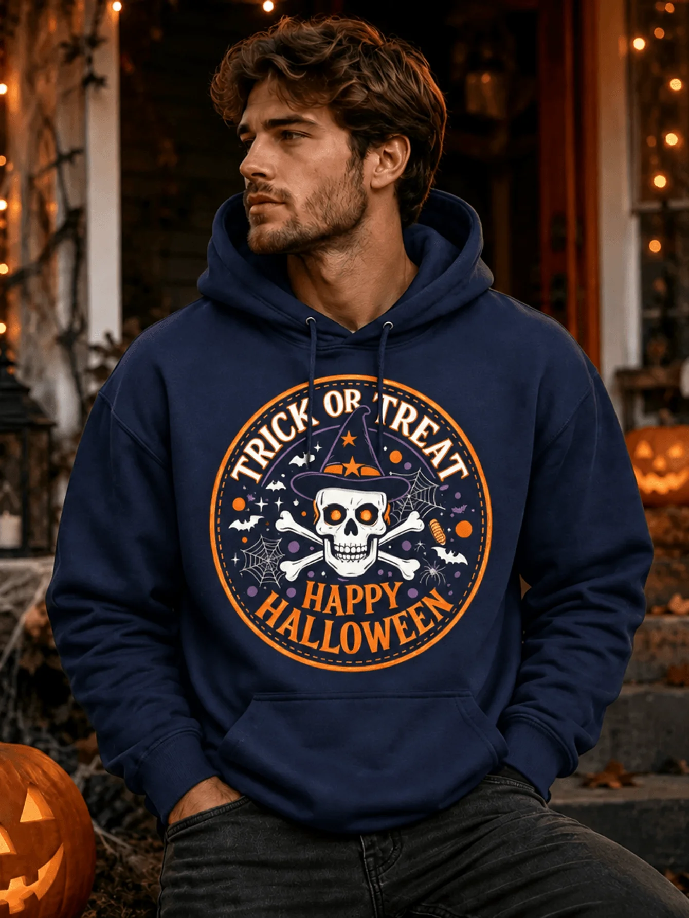 Men'S Pullover Hoodie Halloween Trick Or Treat Skull Graphic Casual Sweatshirt for Fall Halloween Party Wear