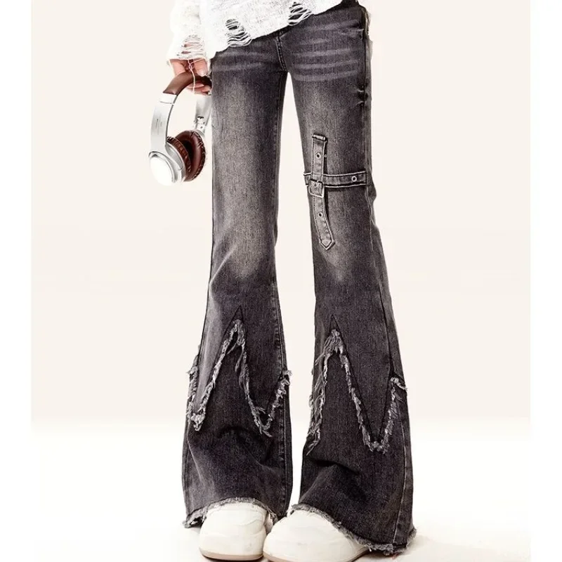 Vintage Amerikaanse zwart gewassen Street Spice Girls Y2k broek dames trendy ontwerp veelzijdige slim fit hoog getailleerde uitlopende jeans