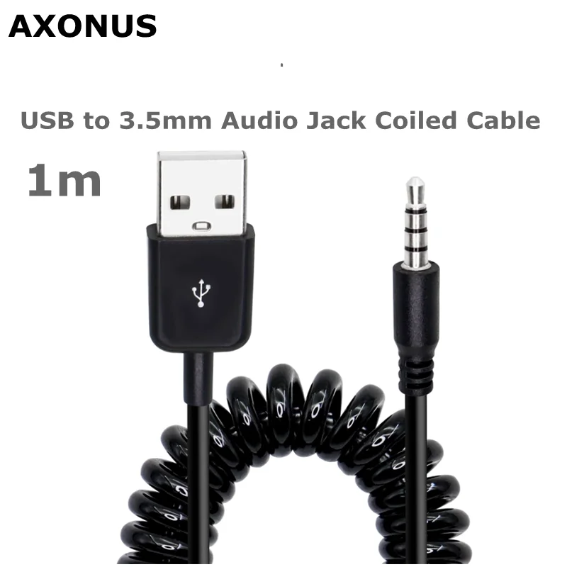 For MP3 Players, Headphones USB to 3.5mm Audio Jack Coiled Cable, Male AUX to USB 2.0 Adapter Cord