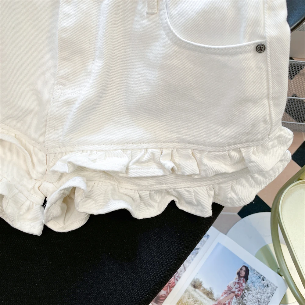 한국 스타일 프릴 짧은 청바지 여성 여름 섹시한 솔리드 컬러 하이 웨이스트 데님 반바지 파티 클럽 올 매치 반바지 streetwear