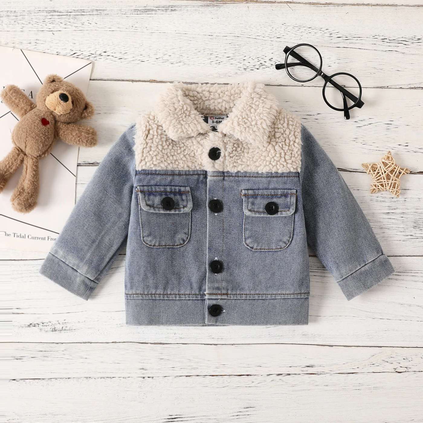 

PatPat Baby Boy/Girl Casual Solid Color Fleece-Stitching Denim Jacket