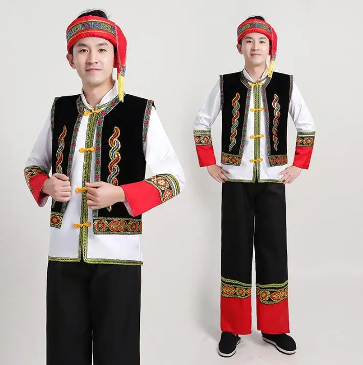 Chinese Folk Dance Costume Men Performance Suit Ethnic Zhuang Nationality Vintage