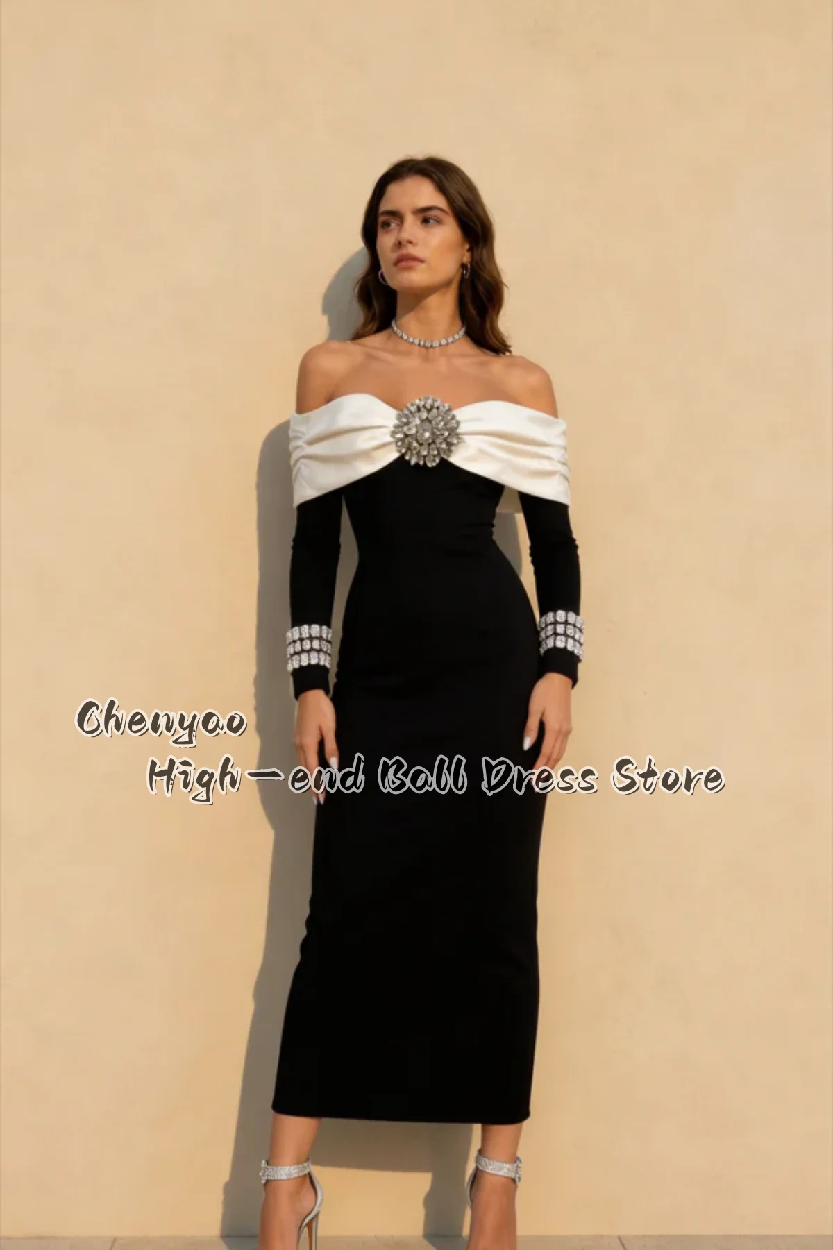 Premium Formal Prom Dress Off Shoulder Oversized Crystal Customized Long Sleeve Square Row Rhinestone PartyGown vestido de festa