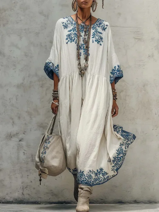 Ethnic Retro Floral Print Loose Maxi Dress Summer Elegant O Neck High Waist Party Dresses Casual Half Sleeve Bohemian Long Dress