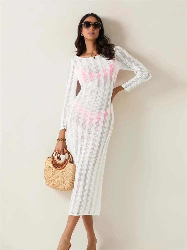 Biquíni feminino cobrir vestido de manga longa u pescoço sem costas midi vestido cor sólida oco para fora malha praia cover-ups