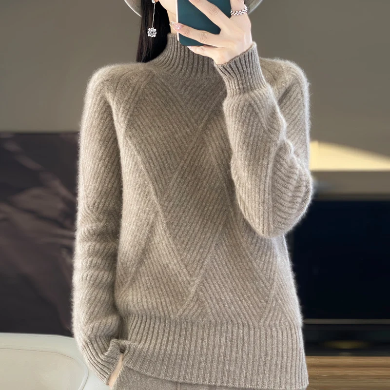 ZYCZCXX New Fashion Women Sweater Autumn Winter Jersey 100% Merino Wool Tops Pullover Mock-Neck Long Sleeve Jumper Knitwear